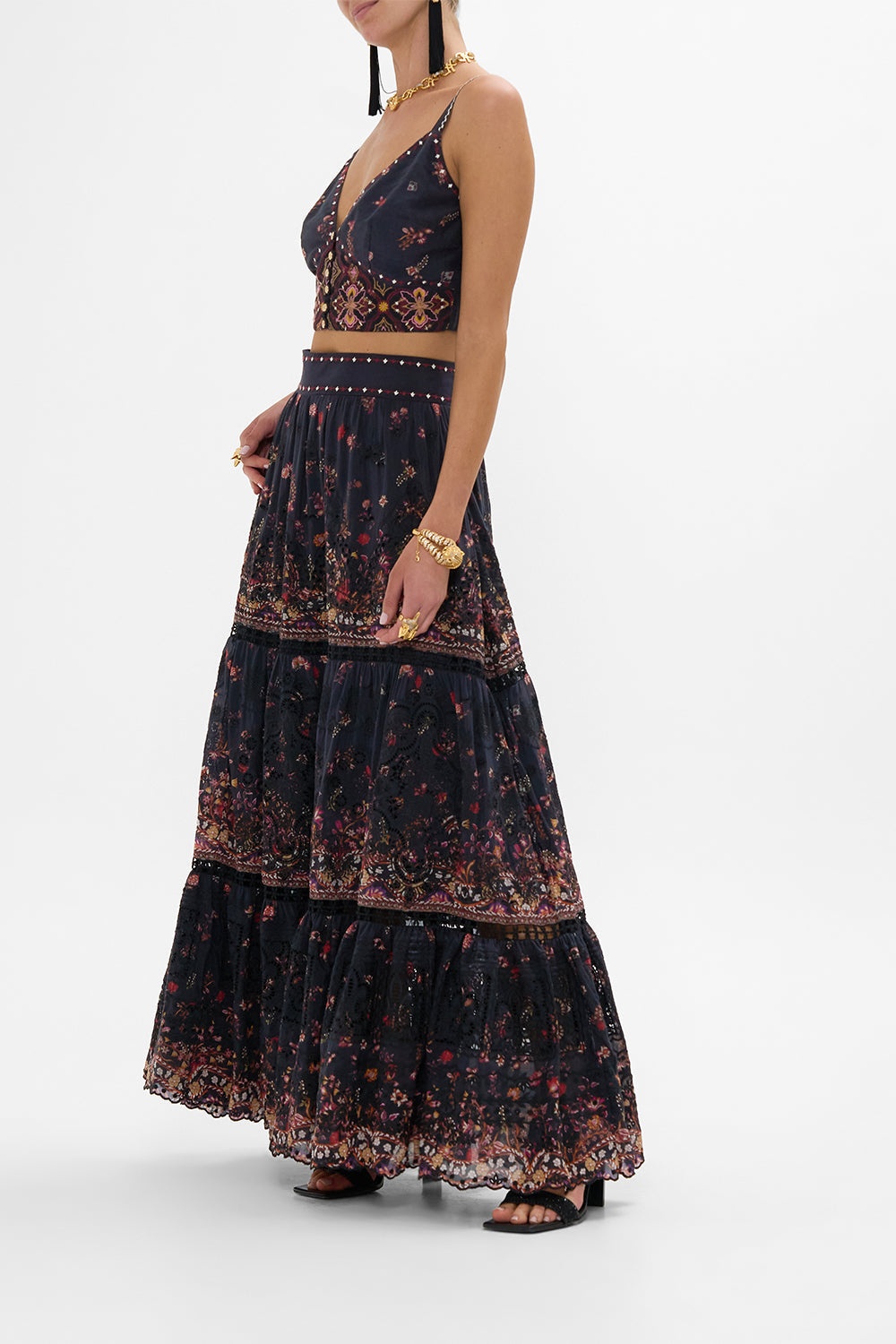 HIGH WAISTED EMBROIDERED TIERED SKIRT - 4