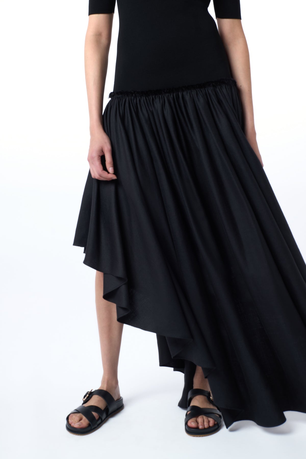 Sirona Pleated Maxi Dress in Black Virgin Wool Silk with Linen - 3