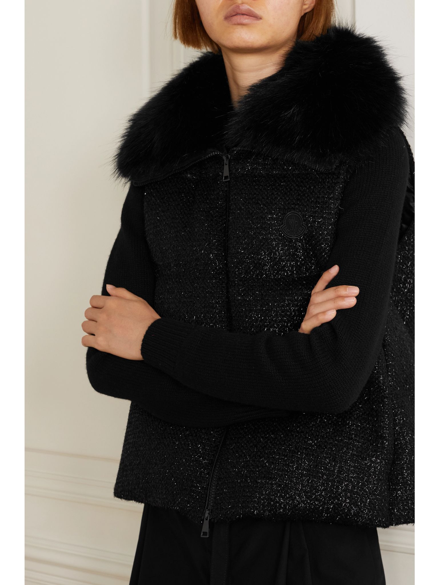Carrelet faux fur-trimmed quilted metallic wool-blend tweed down vest Black - 3