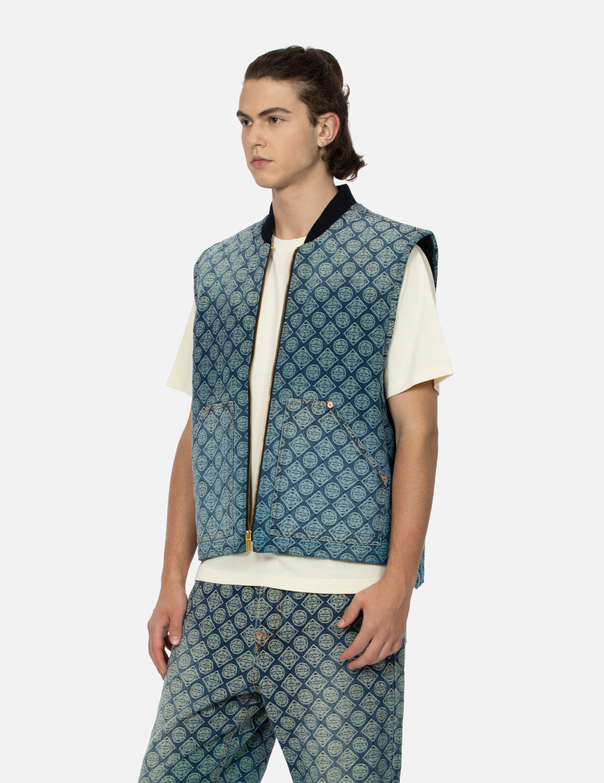WASHED KAMON JACQUARD RELAX FIT DENIM PADDED VEST - 7