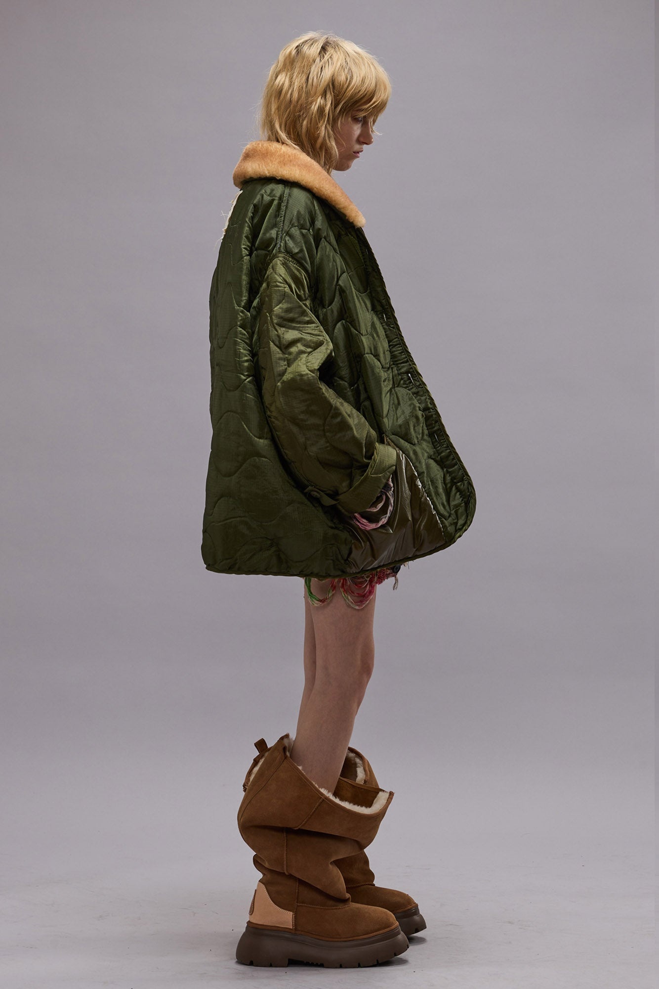REFURBISHED LINER WITH SHEARLING SHAWL COLLAR - OLIVE - R13 - 4