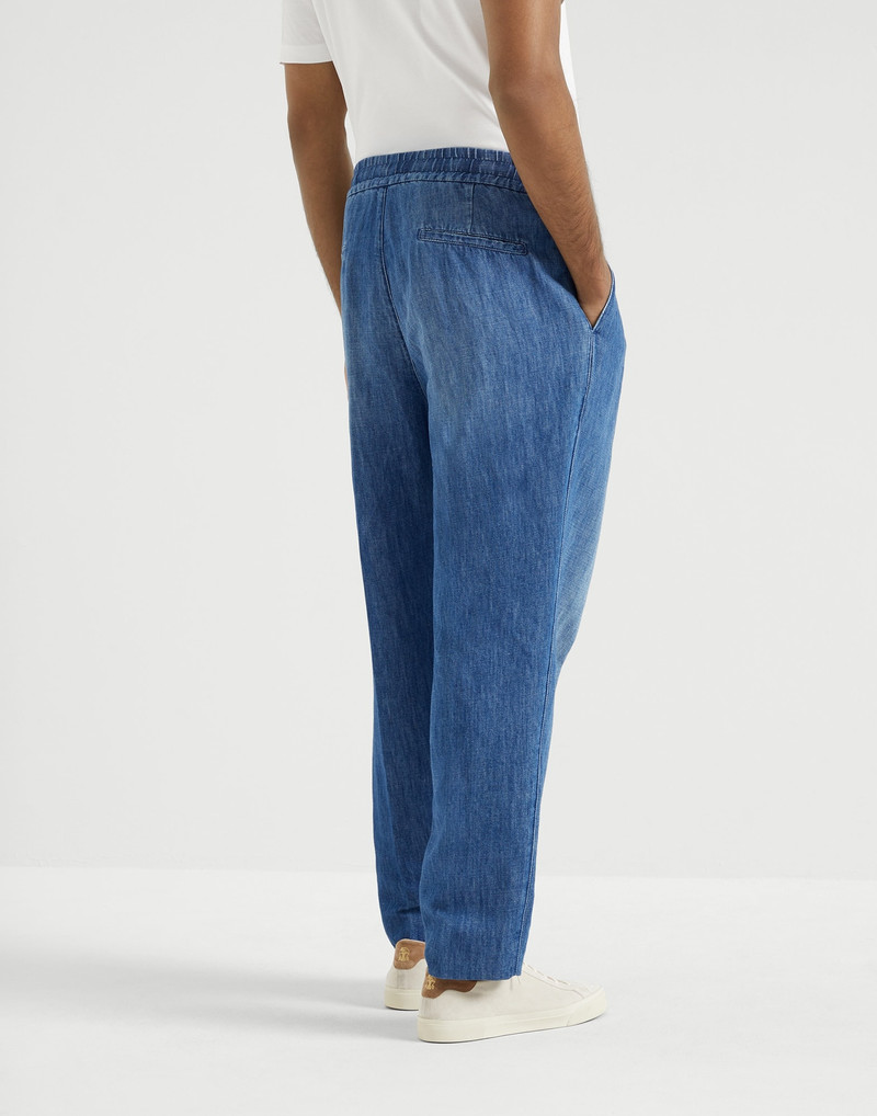 Brunello Cucinelli Cotton and linen denim leisure fit trousers with drawstring and double pleats outlook