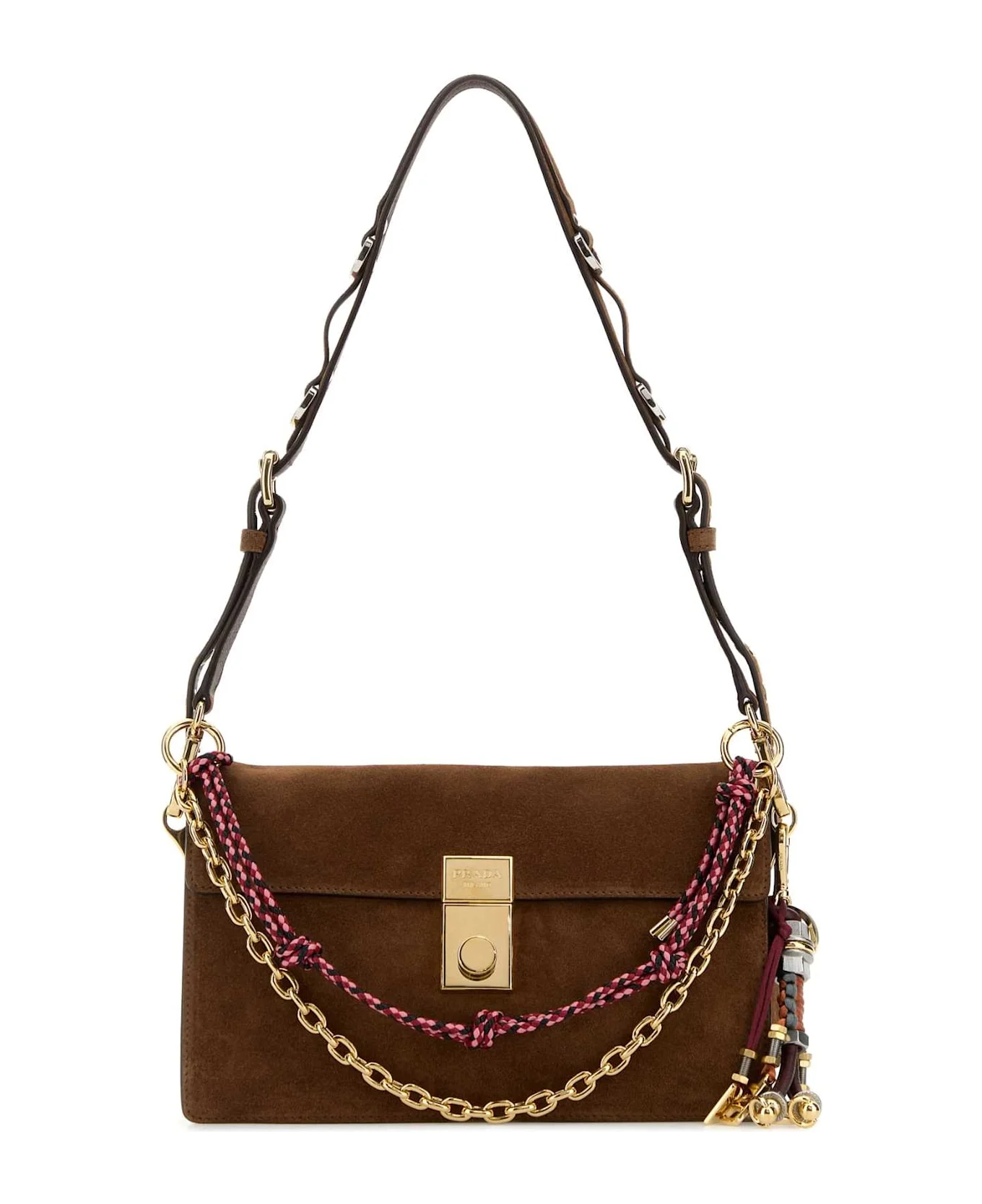 Brown Suede Small Prada Soft Sound Shoulder Bag - 1