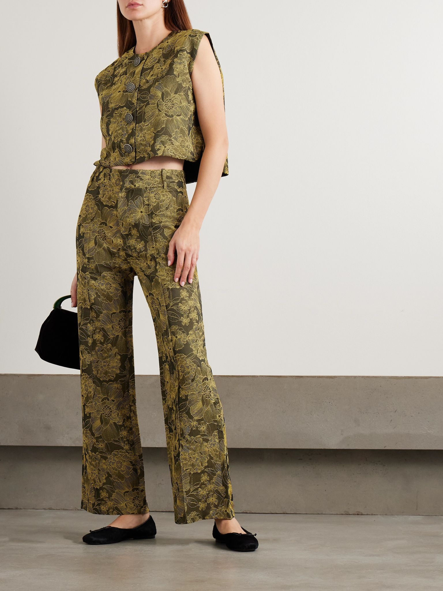 Hernan cropped embroidered woven vest Army green - 2
