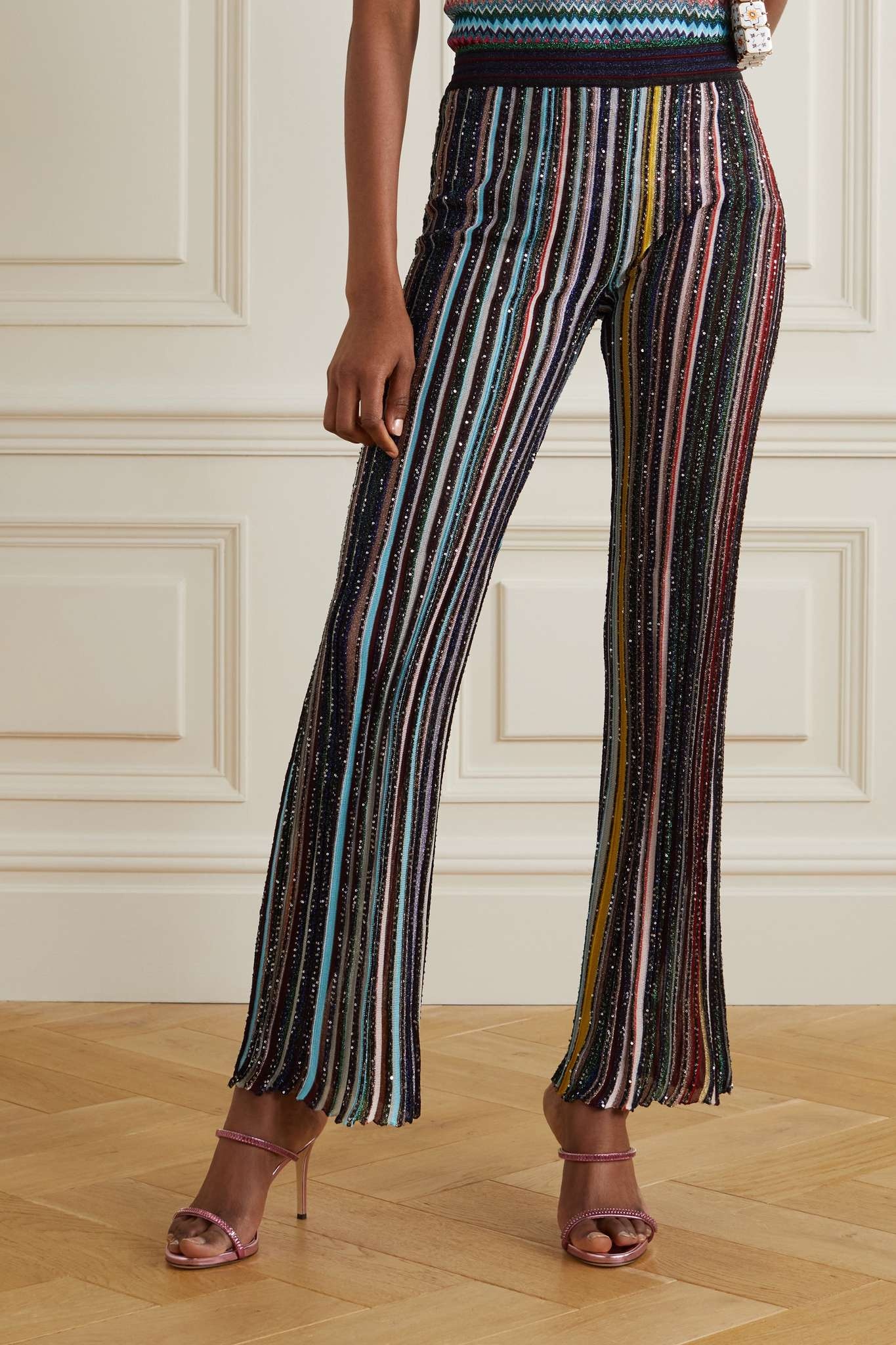 Sequin-embellished striped crochet-knit straight-leg pants - 3