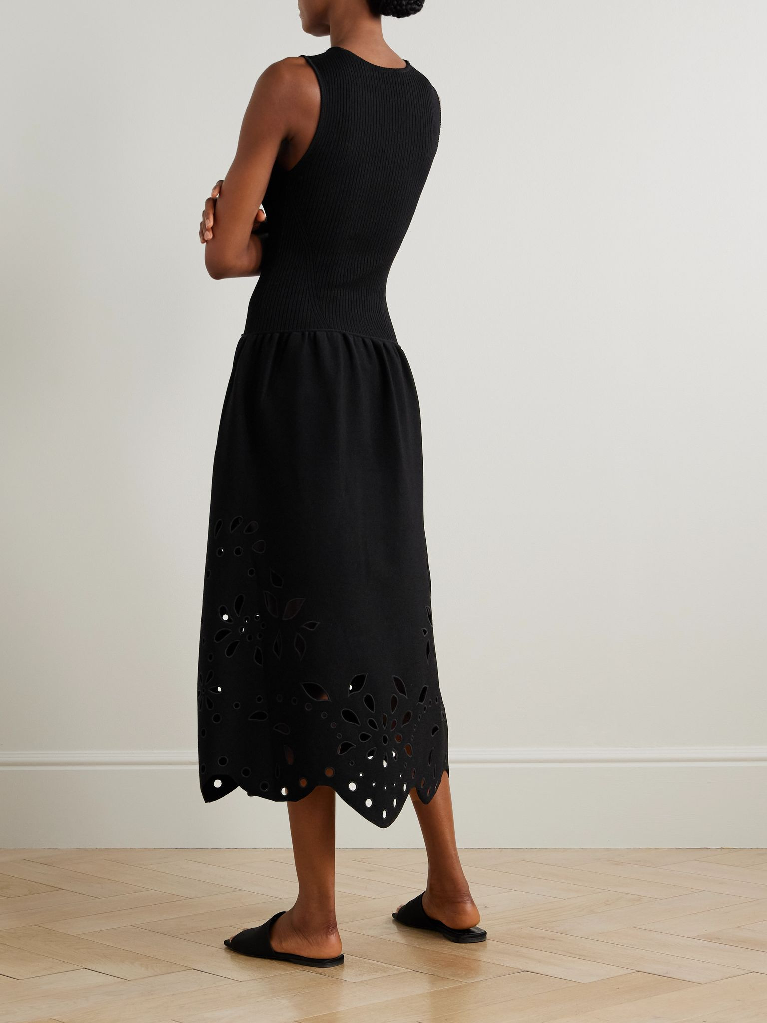 Rosaline ribbed-knit and broderie anglaise jersey midi dress Black - 3