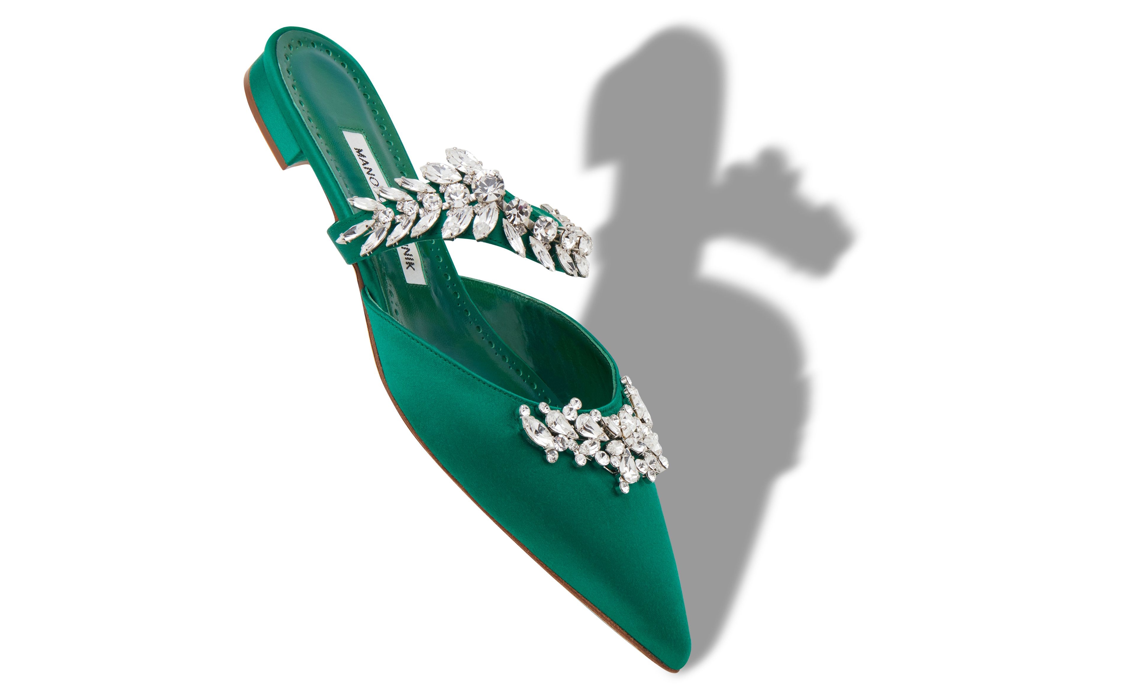 Green Satin Crystal Embellished Flat Mules - 2