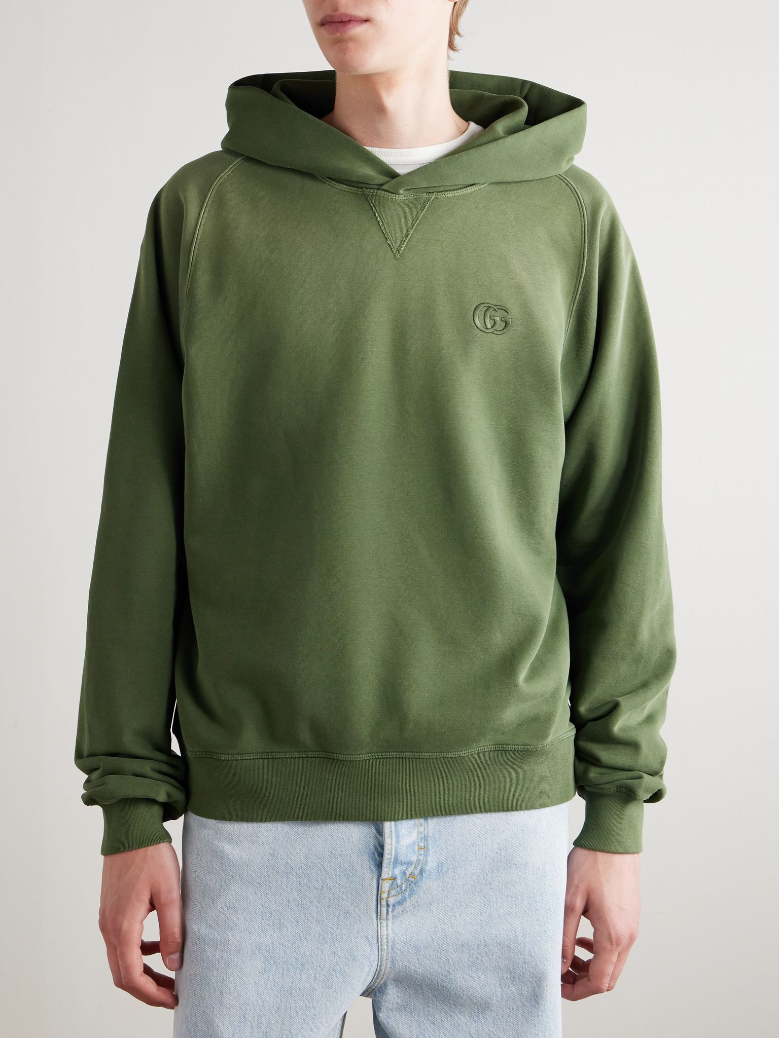 Logo-Embroidered Cotton-Blend Jersey Hoodie Army green - 3