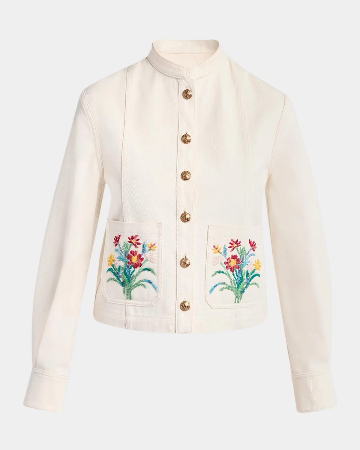 Floral Beaded Pocket Denim Jacket - 1