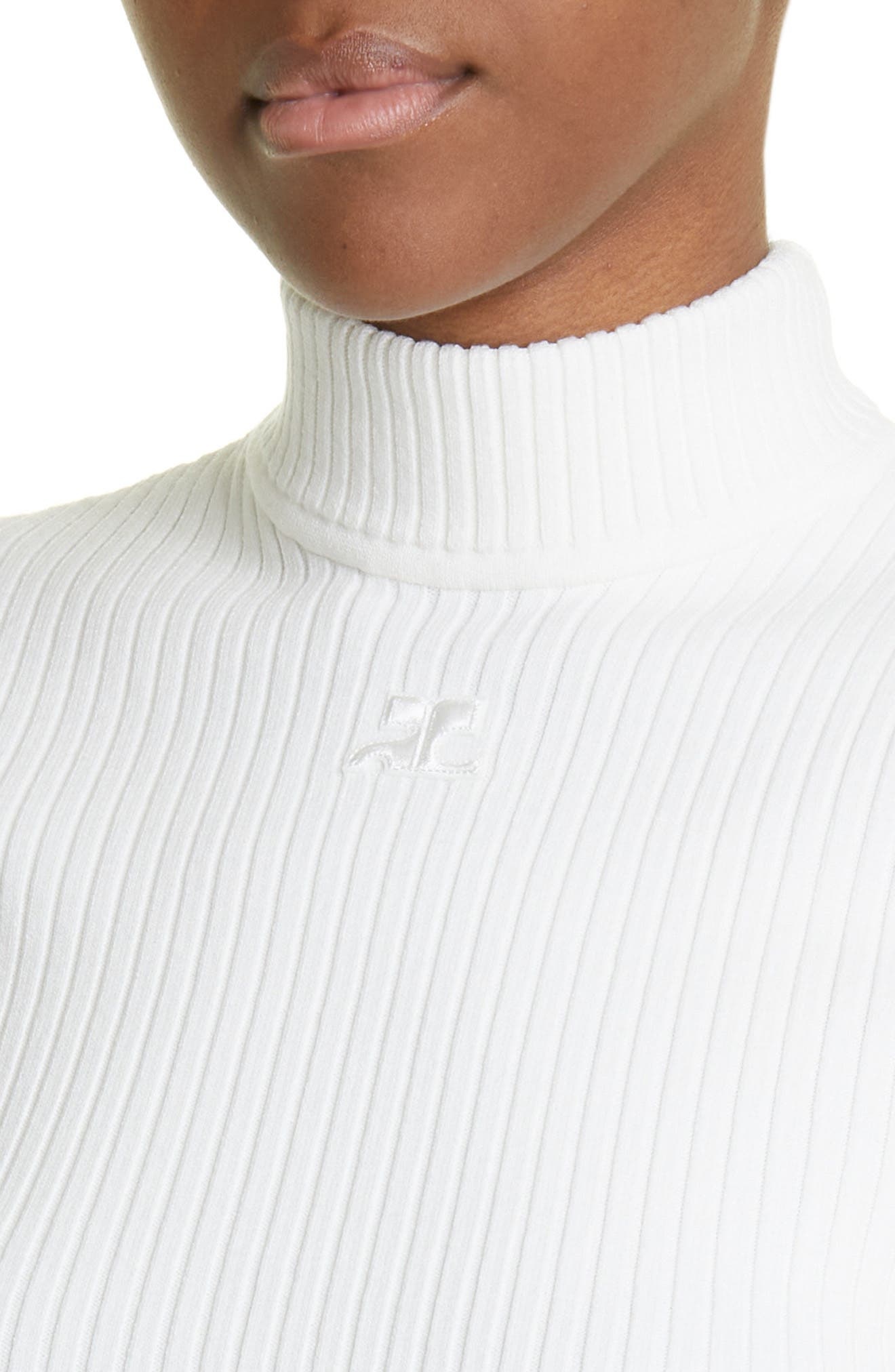 Courrèges Embroidered Logo Mock Neck Rib Sweater in Heritage White at Nordstrom - 4