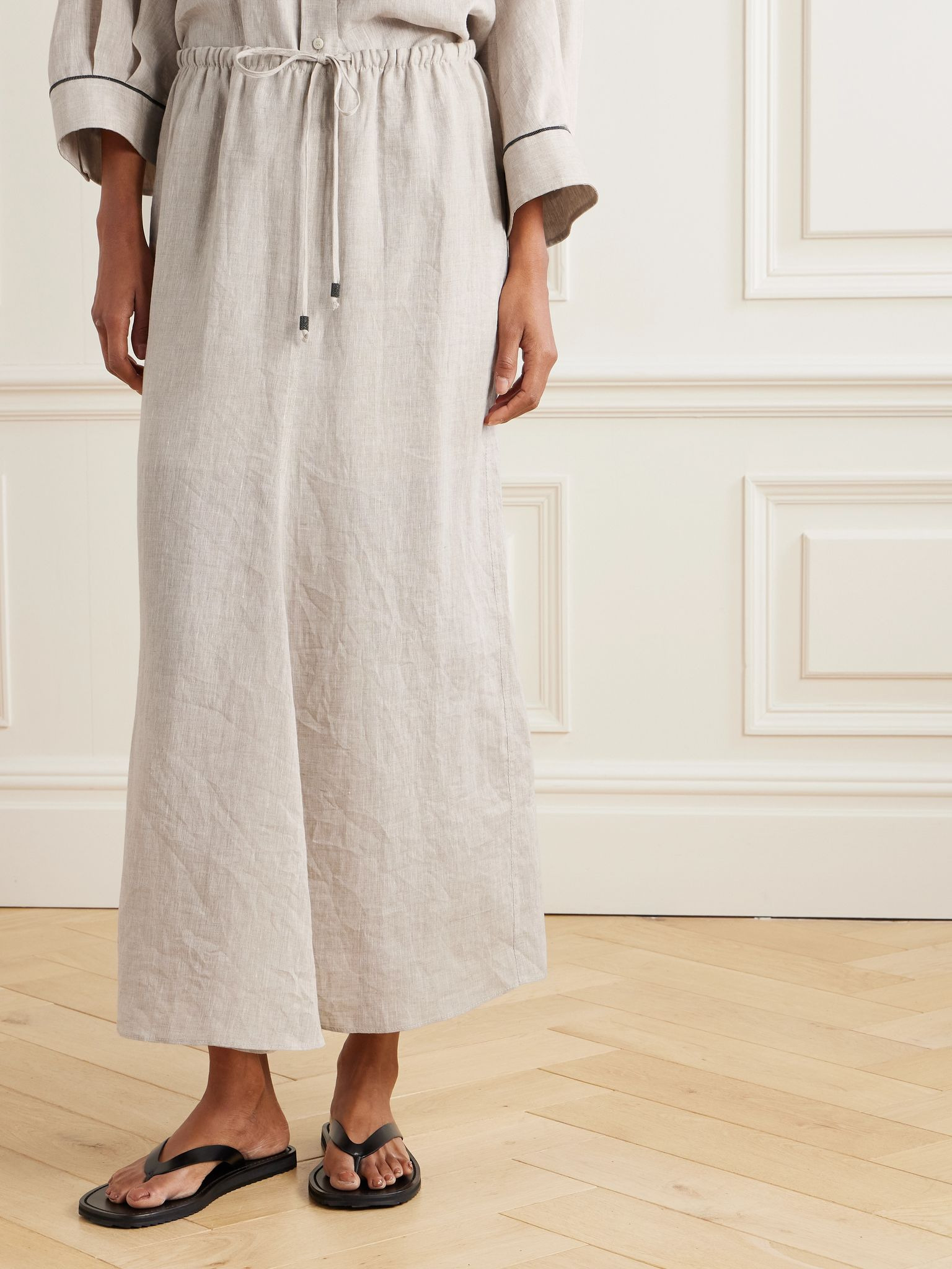 Bead-embellished linen midi skirt Beige - 3