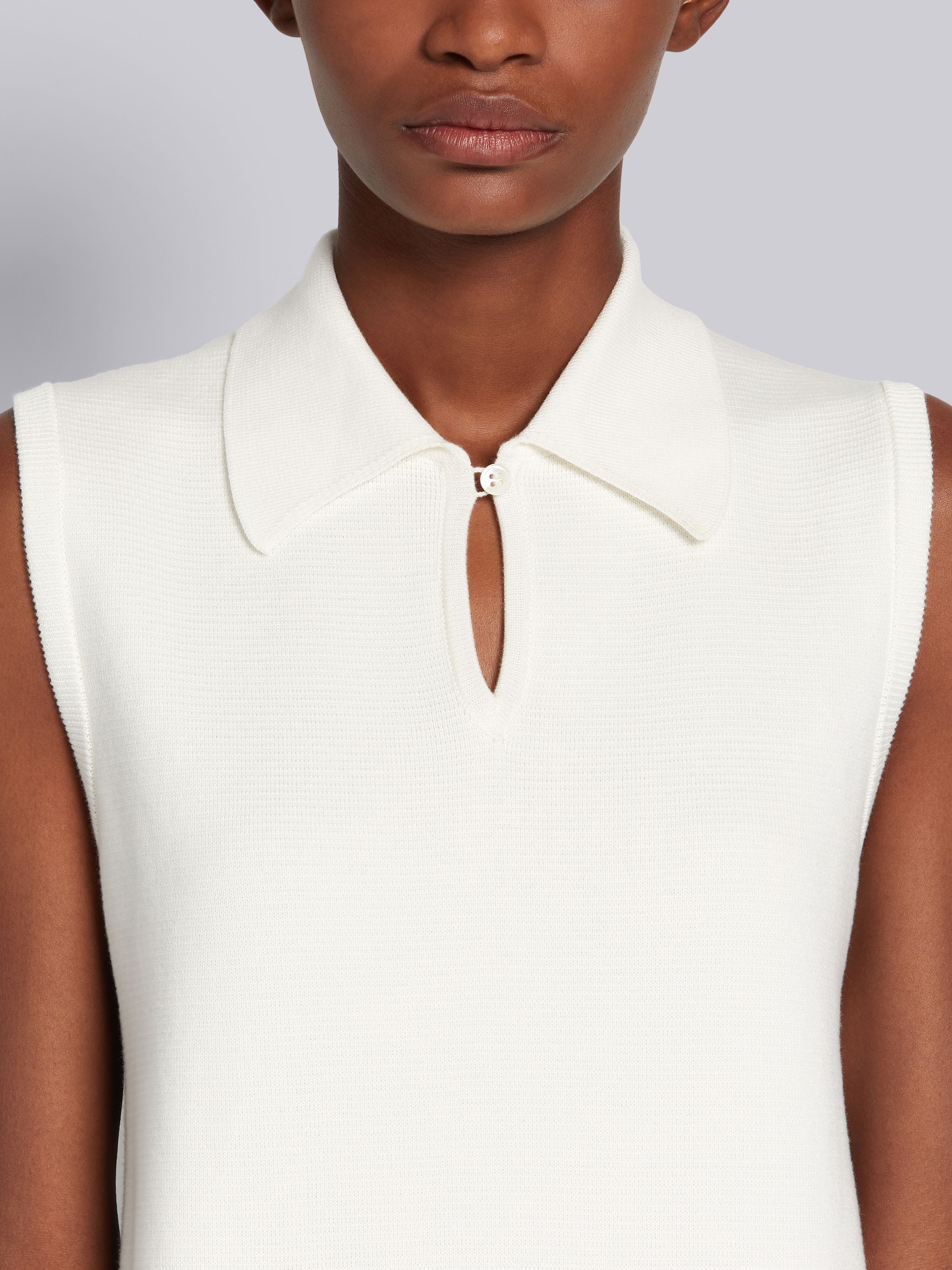 White Cotton Milano Stitch Silk Rep 4-Bar Stripe Sleeveless Pleated Polo Dress - 4