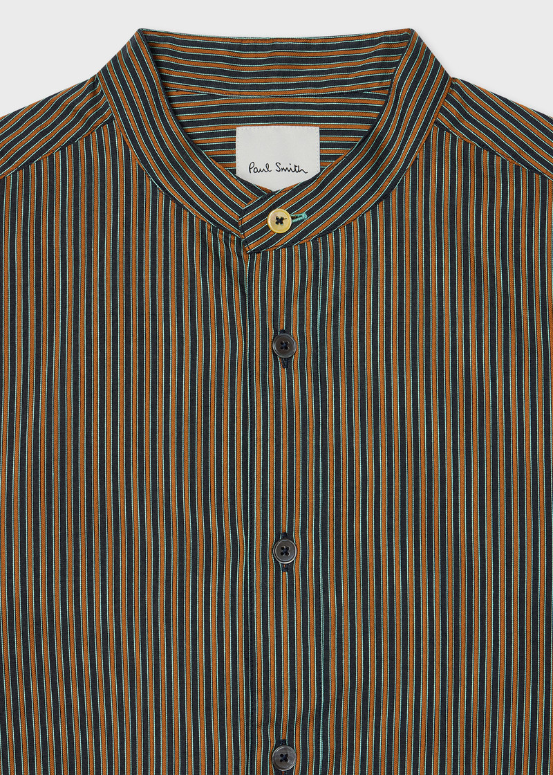 Paul Smith Navy and Brown Stripe Grandad-Collar Shirt outlook
