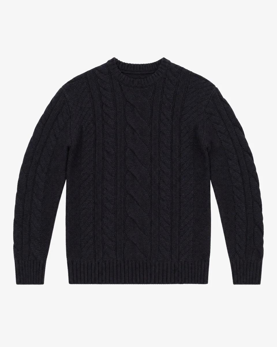 NAVY WOOL CABLE-KNIT CREW-NECK SWEATER - 1