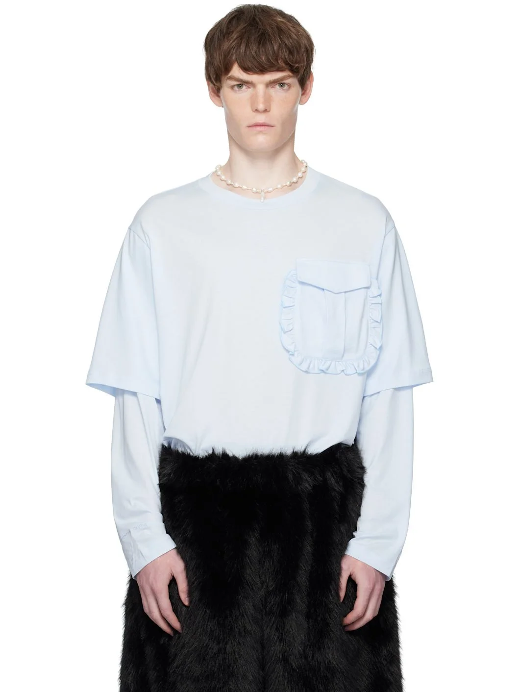 Blue Layered Ruffle Pocket Long Sleeve T-shirt - 1