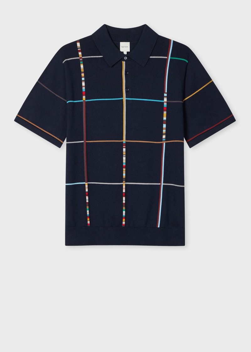 Navy 'Signature Stripe Check' Knitted Cotton Polo Shirt 1