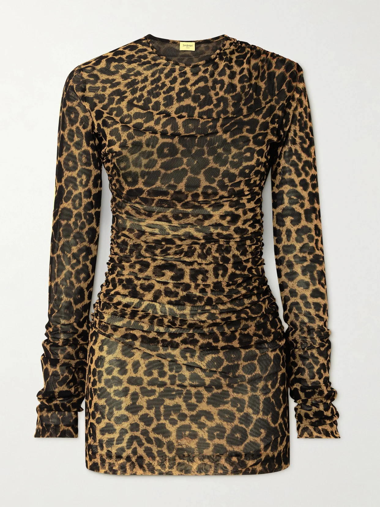 Leopard-print Ruched Mesh Mini Dress - 1