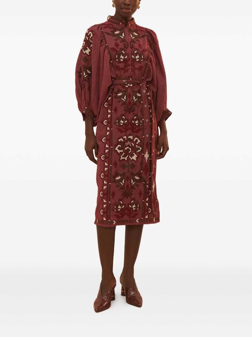 Toucans Scarf embroidered puff-sleeve midi dress - 2