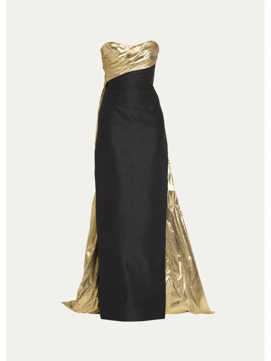 Strapless Draped Metallic Lame Train Gown - 1