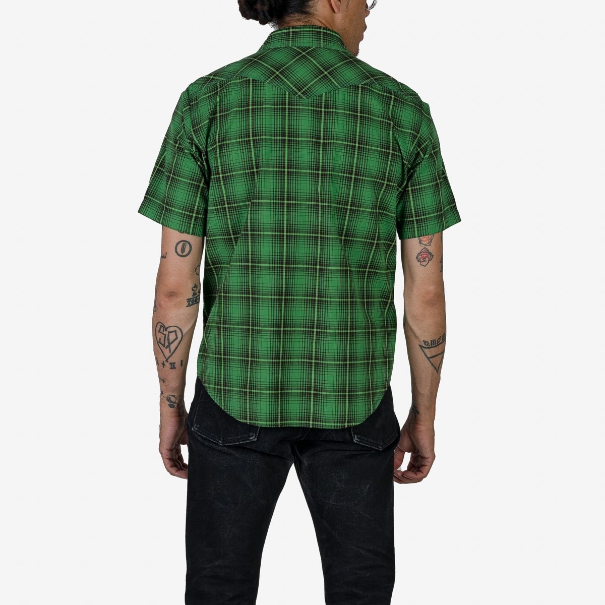 IHSH-386-GRN 5oz Selvedge Short Sleeved Western Shirt - Green Vintage Check - 3