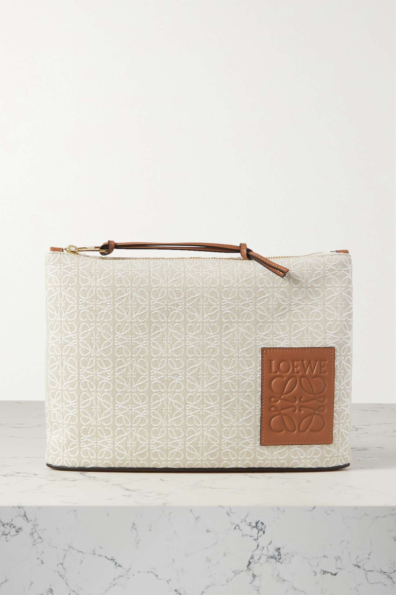 + Paula's Ibiza leather-trimmed canvas-jacquard pouch - 1