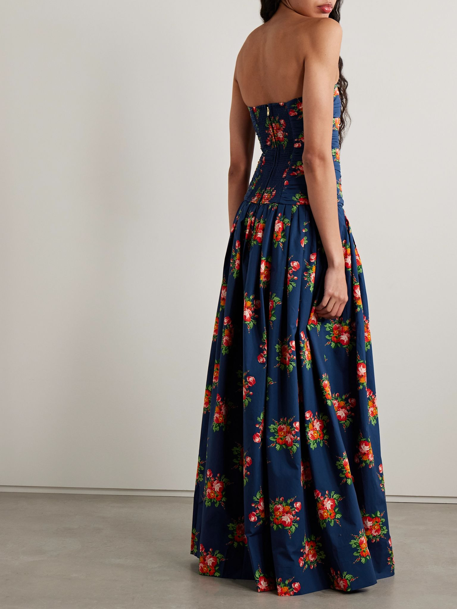 Montreal strapless pleated floral-print cotton-poplin maxi dress Navy - 3