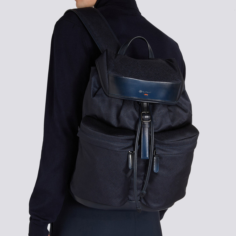Santoni Blue leather and nylon backpack outlook