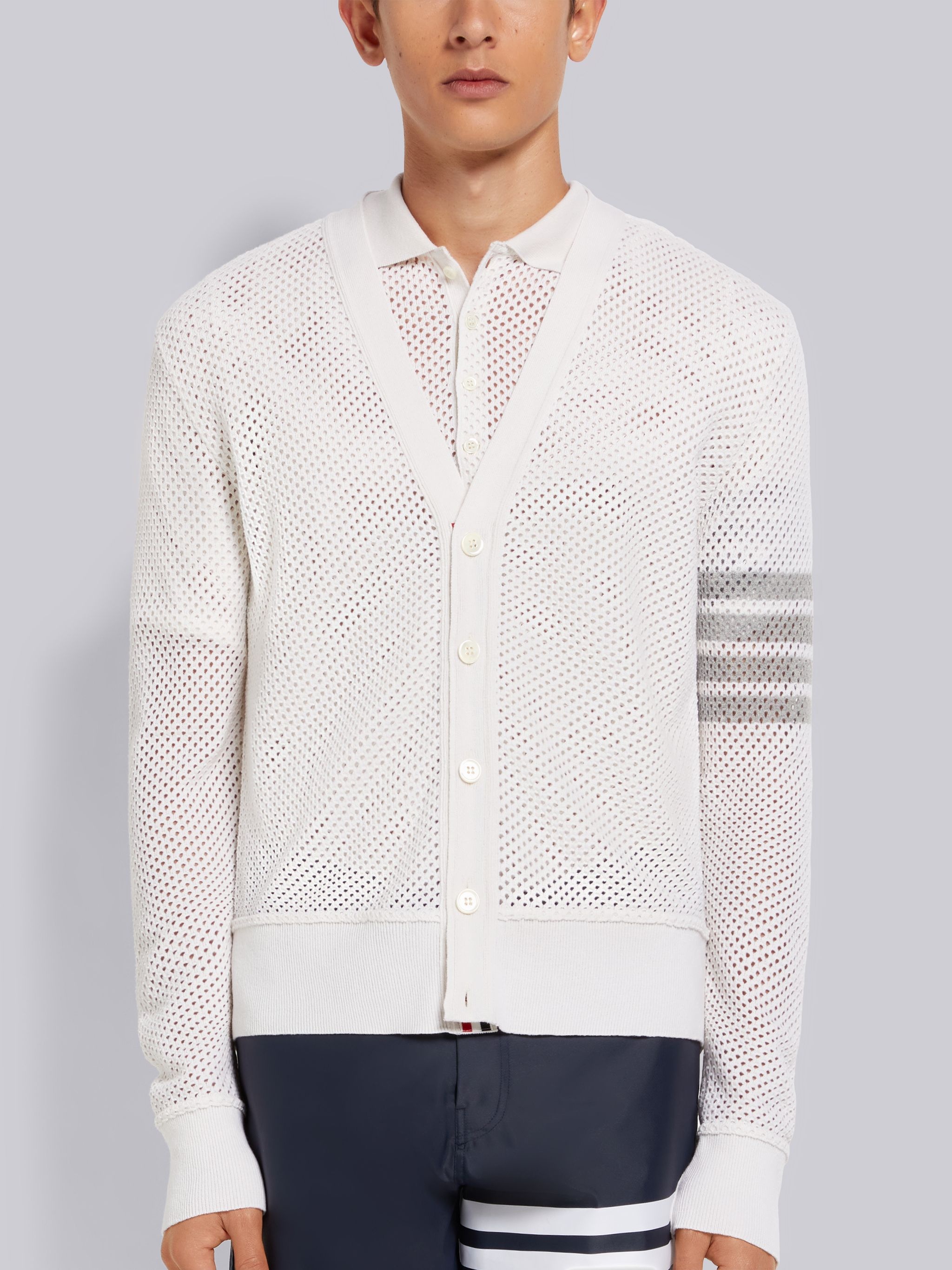 White Cashmere Mesh 4-Bar V-Neck Cardigan - 1