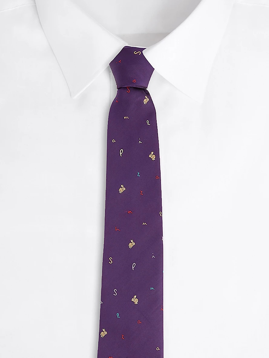 Rabbit-embroidered wide-blade silk tie - 3