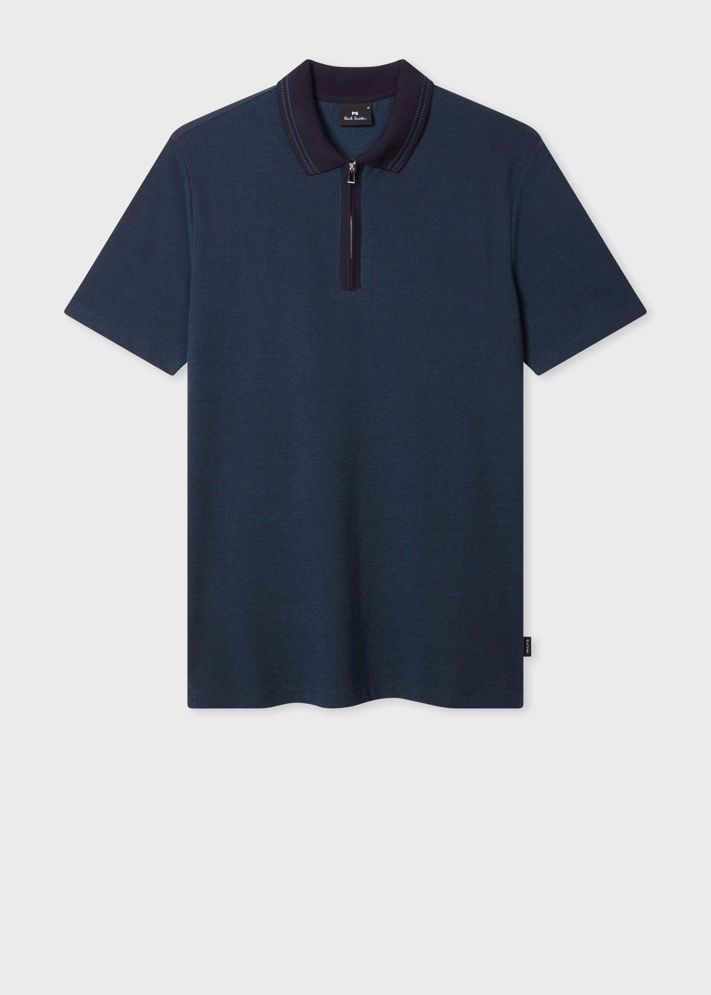 Navy Cotton Jacquard Zip-Neck Polo Shirt - 1