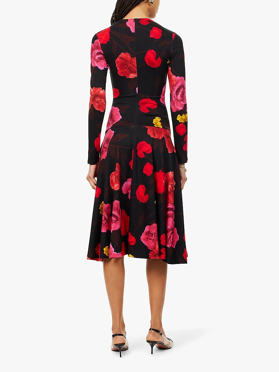 Floral-print ruched stretch-woven jersey midi dress - 4