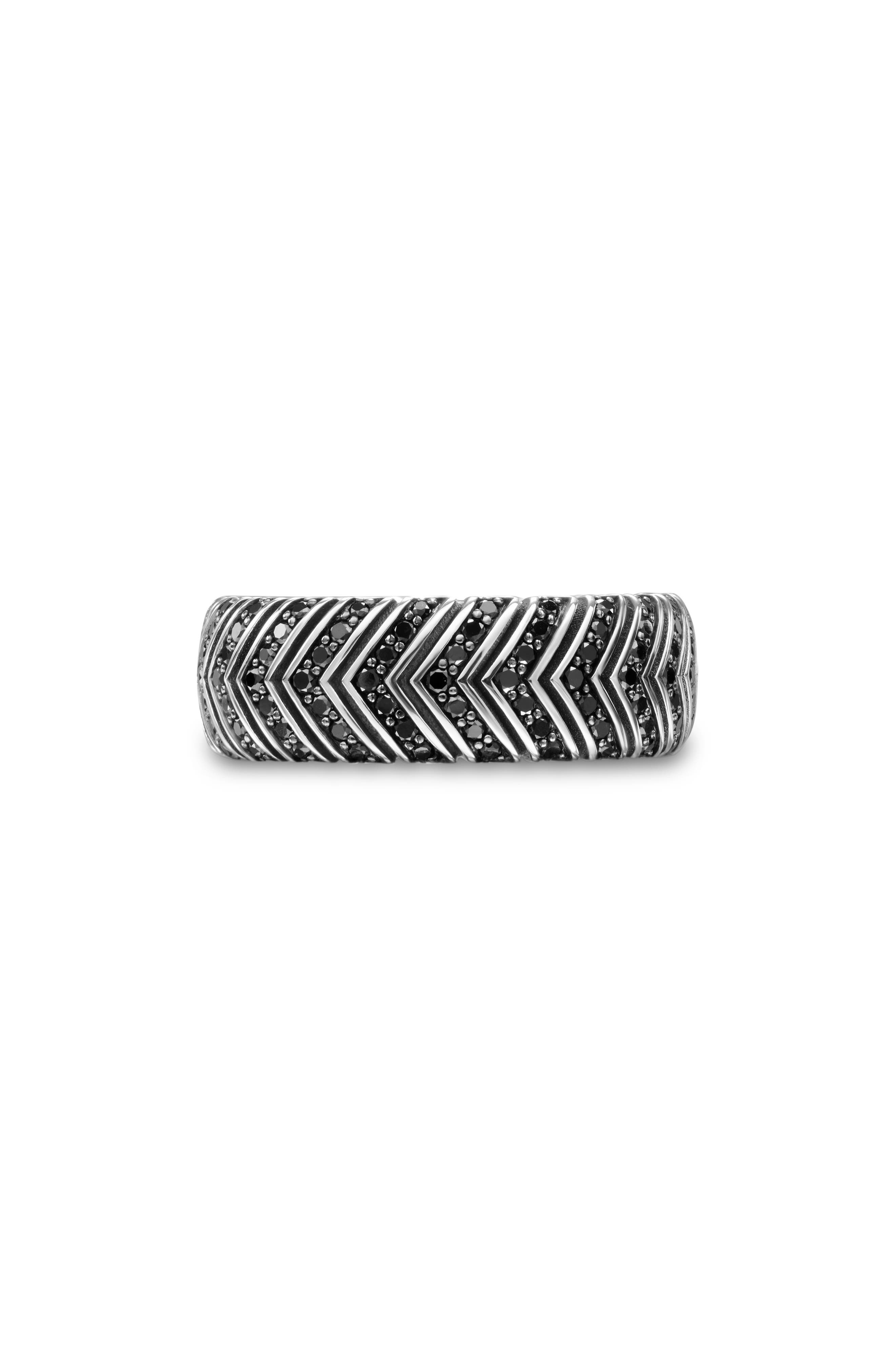 David Yurman Men's Chevron Band Ring in Sterling Silver with Black Diamonds, 8mm in Silver Pave at N - 7