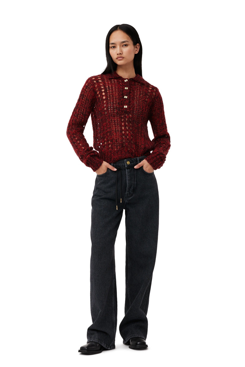 GANNI RED MOHAIR LACE POLO SWEATER | REVERSIBLE