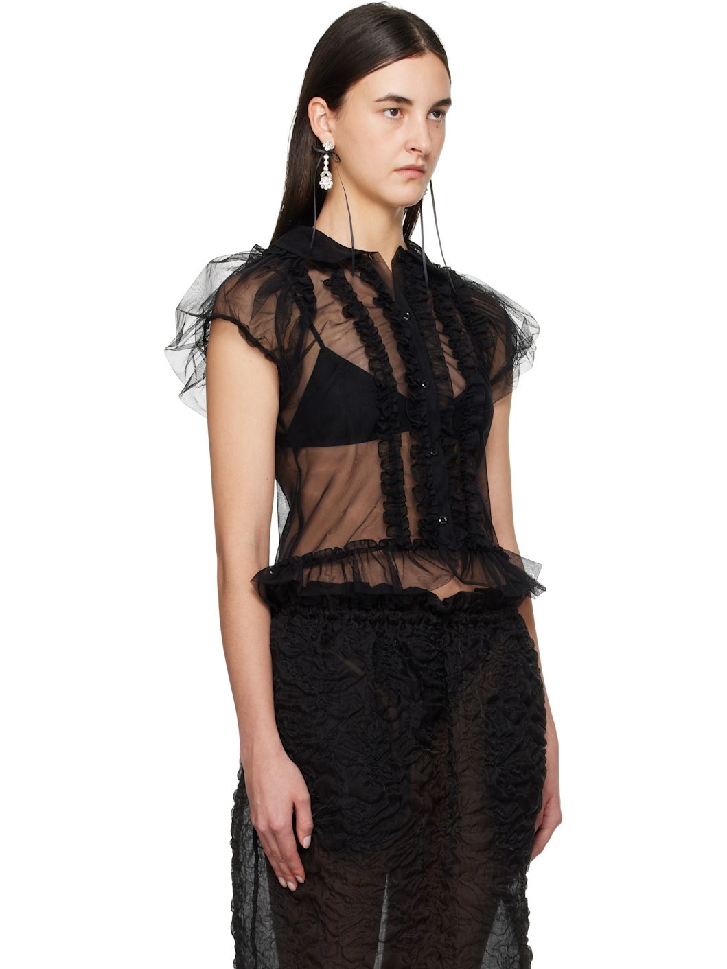 Black Sheer Puff Sleeve Multi Ruffle Frill Shirt - 2