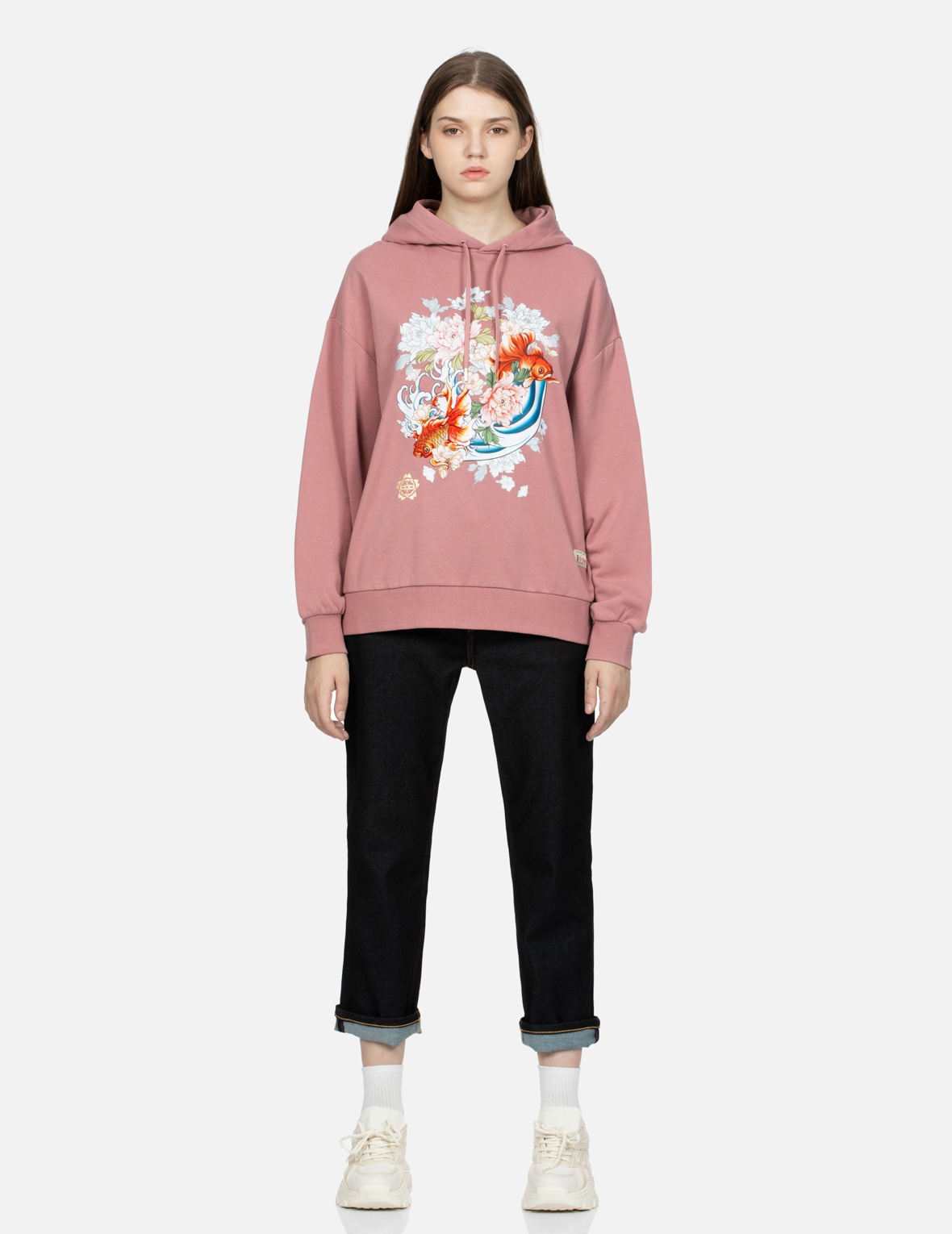 GOLDFISH AND FLORAL FLOW PRINT OVERSIZED HOODIE - 5