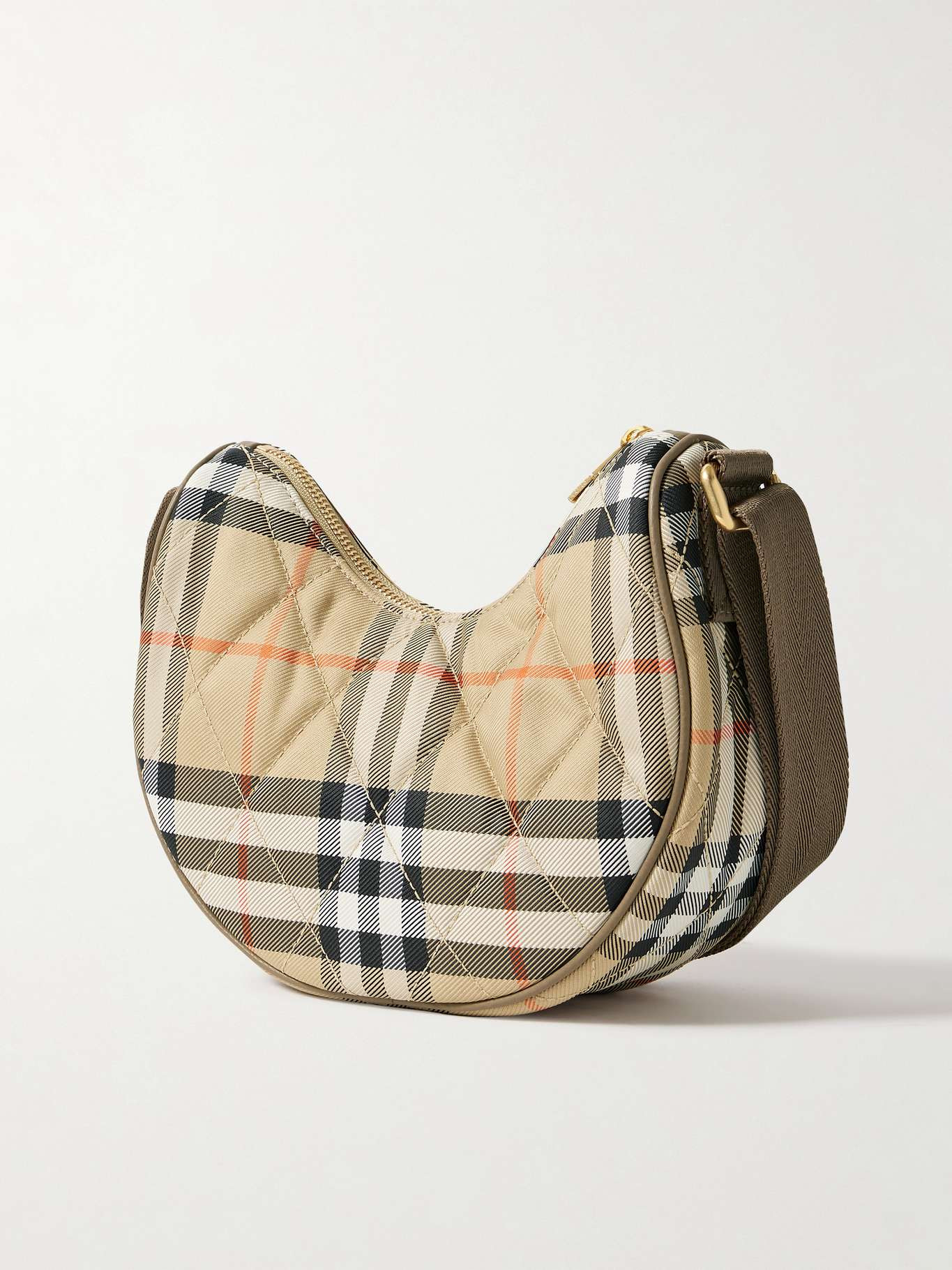 Leather-trimmed quilted checked twill shoulder bag Sand - 3