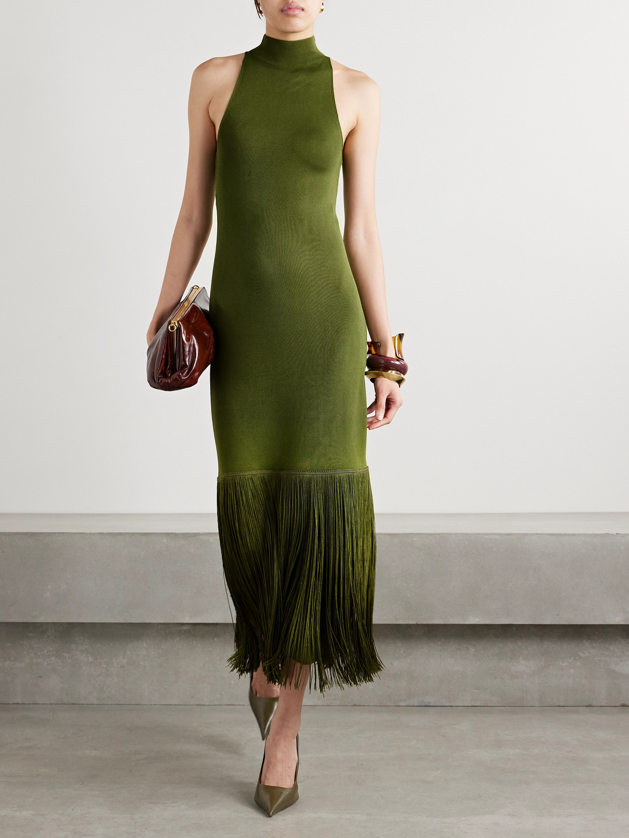 Cash Fringed Stretch-knit Turtleneck Midi Dress - 2