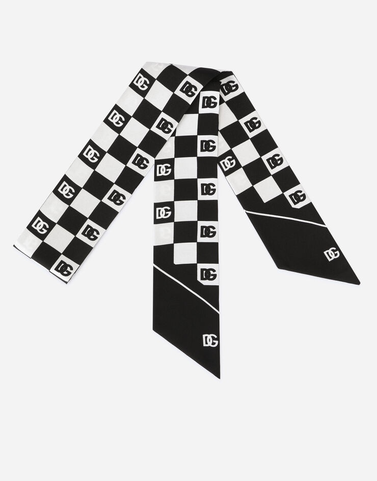 Damier-print silk scarf with DG logo - 1