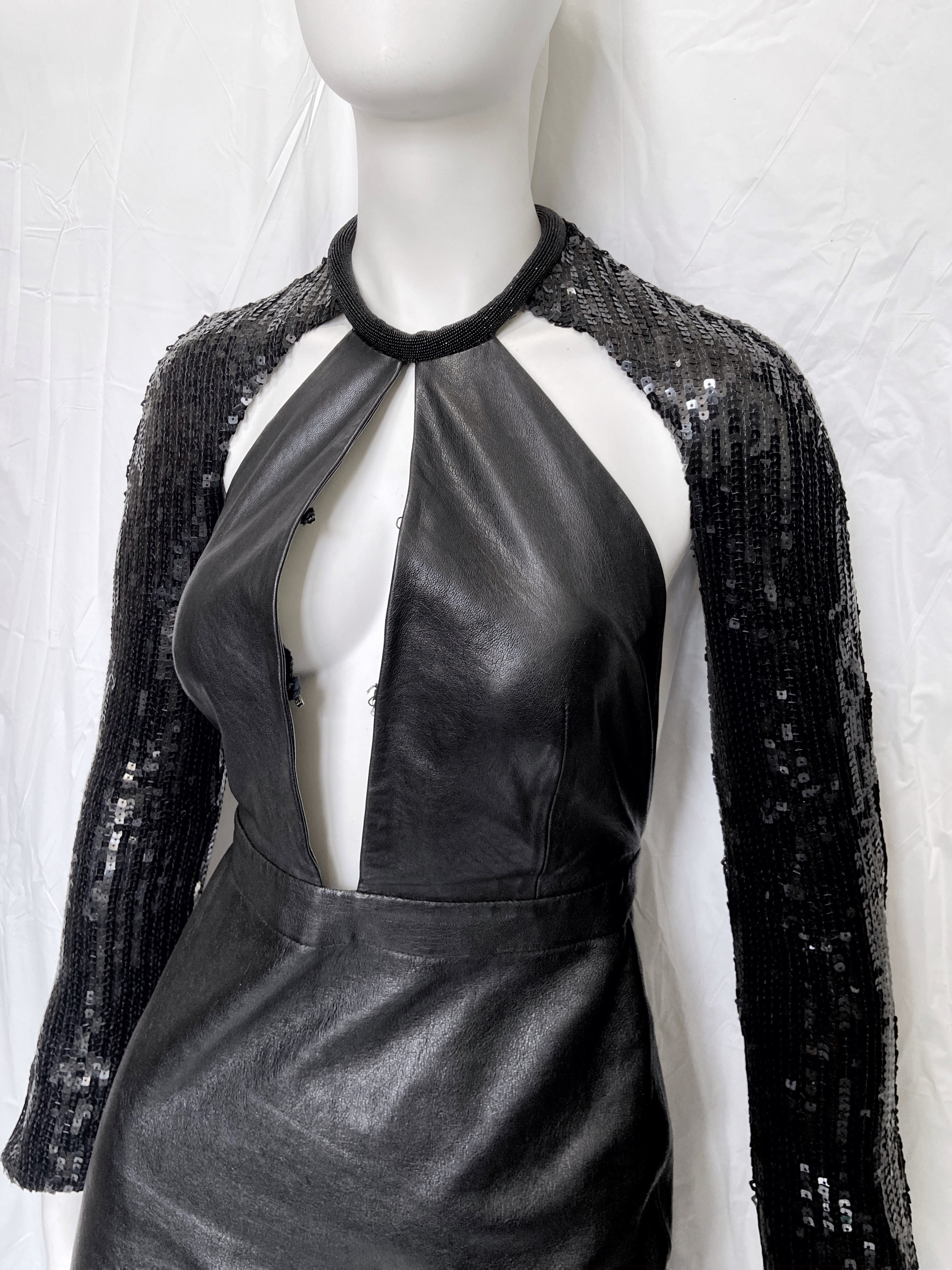 Saint Laurent Paris 2013 Hedi Beaded Collar Sequenced Sleeves Cut Out Backless Leather Dress - 11
