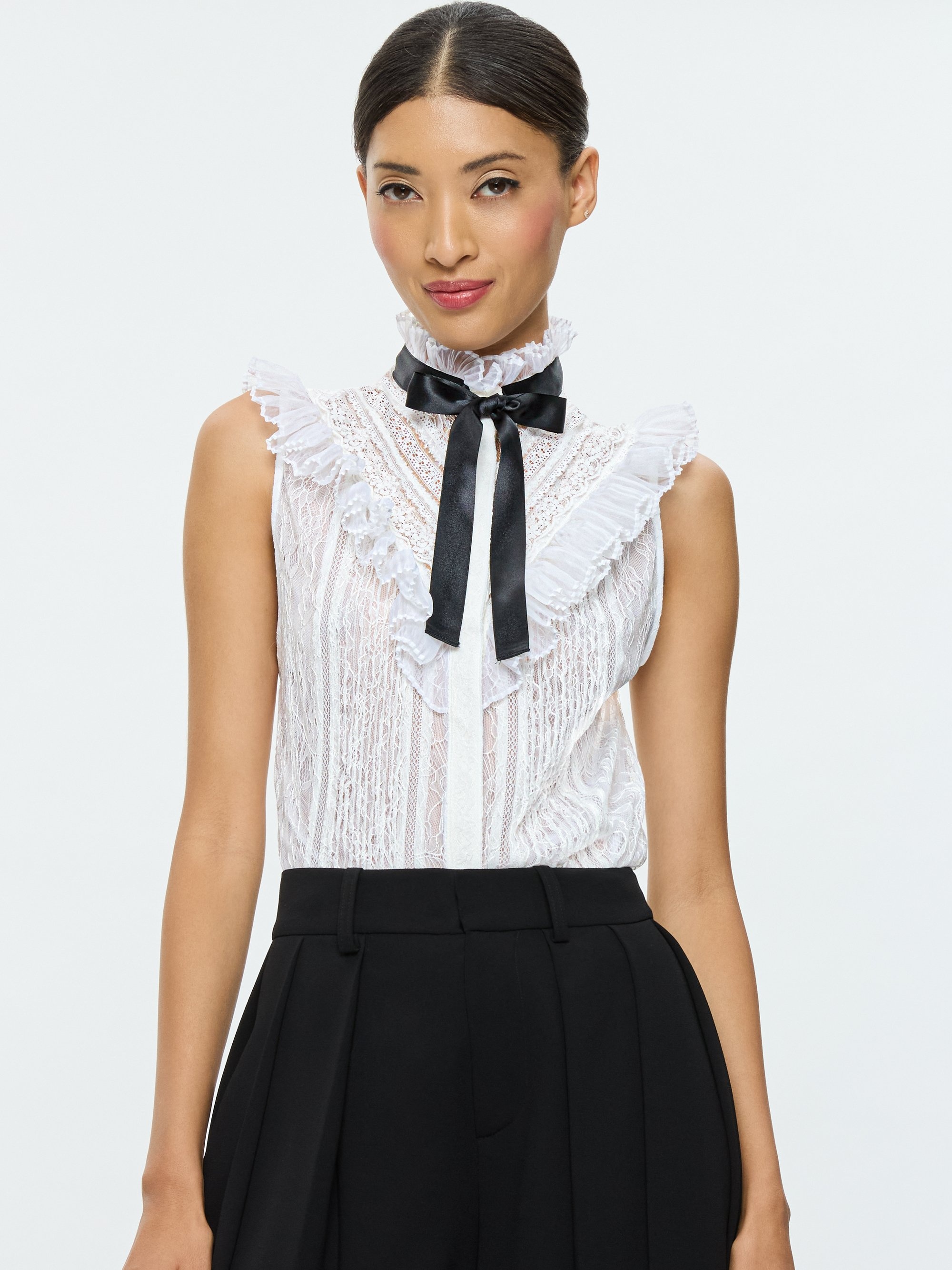 RHEBA MOCK NECK SLEEVELESS RUFFLE BLOUSE WITH BOW - 2
