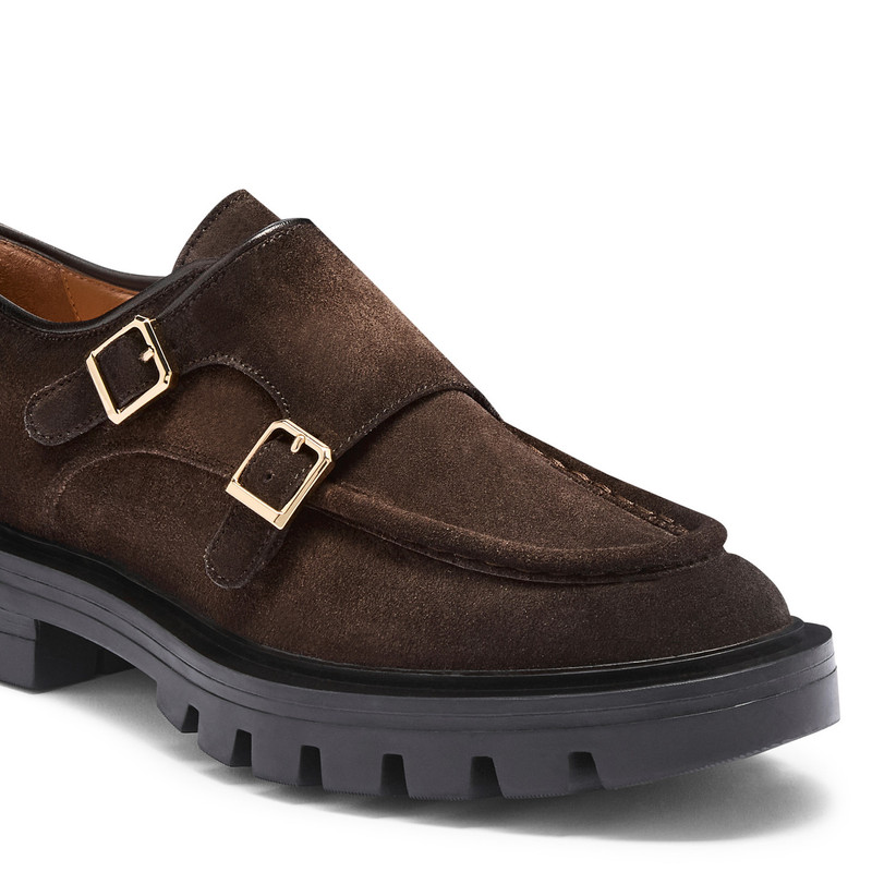 Women's dark brown suede double-buckle shoe 5