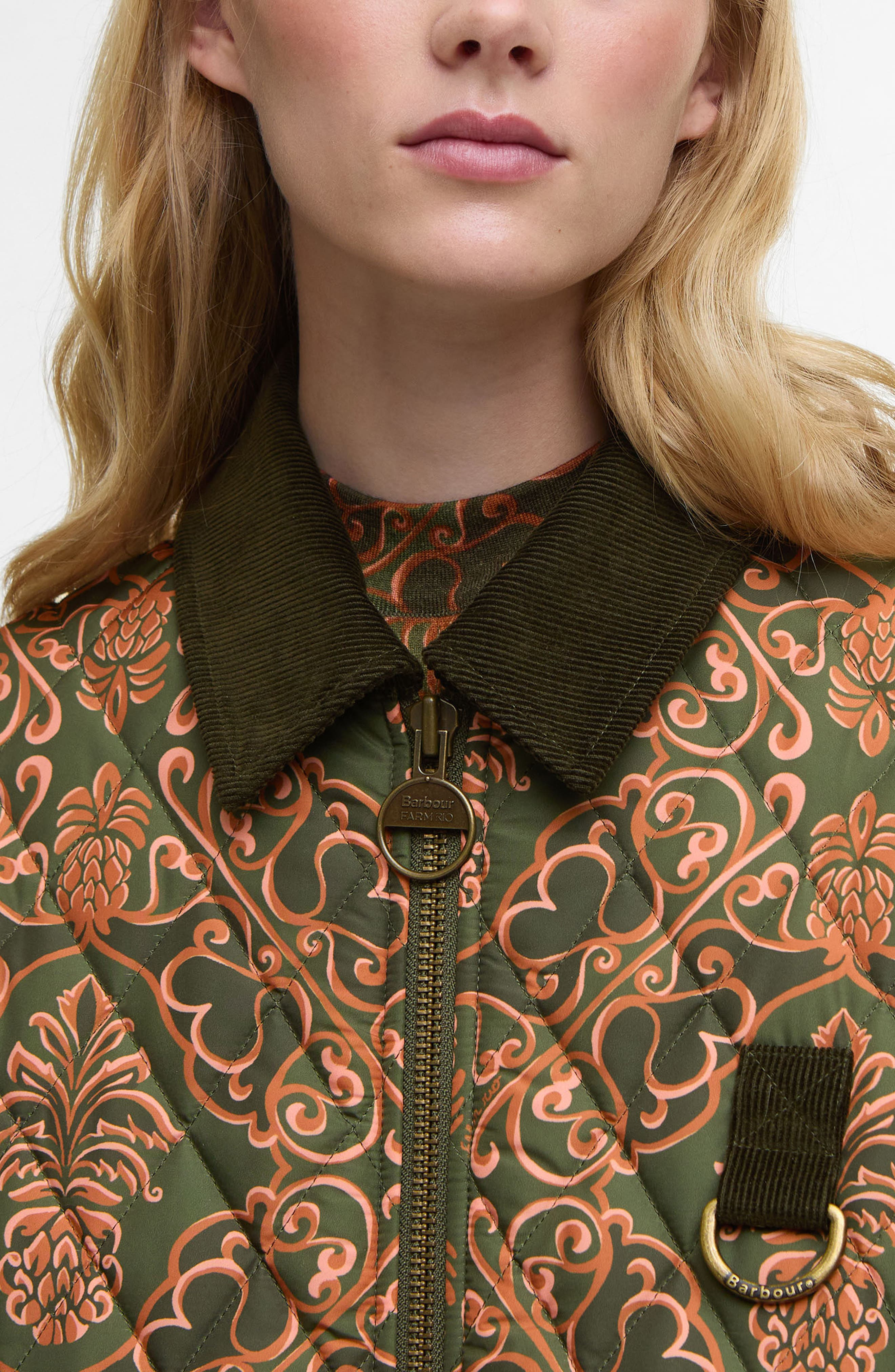 Barbour x FARM Rio Luisa Quilted Jacket in Pineapple/Green Heart Print at Nordstrom - 4
