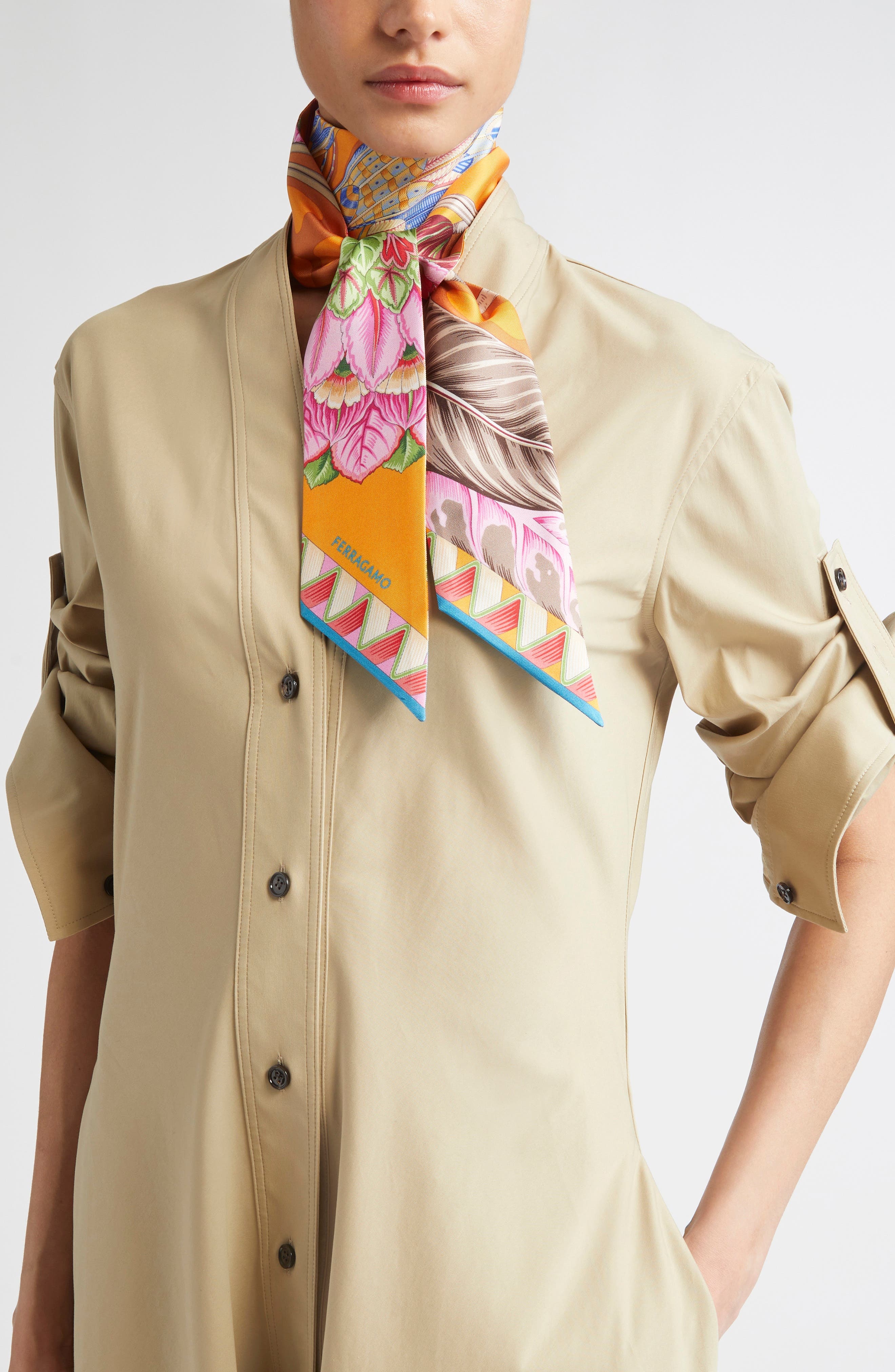 FERRAGAMO Giada Print Silk Skinny Scarf in Arancio/Rust at Nordstrom - 2