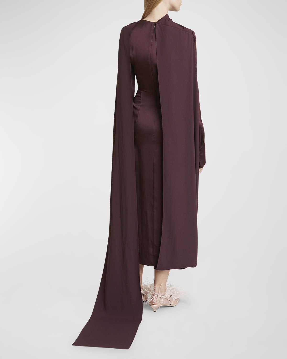 Long-Sleeve Draped Scarf Satin Maxi Dress - 4