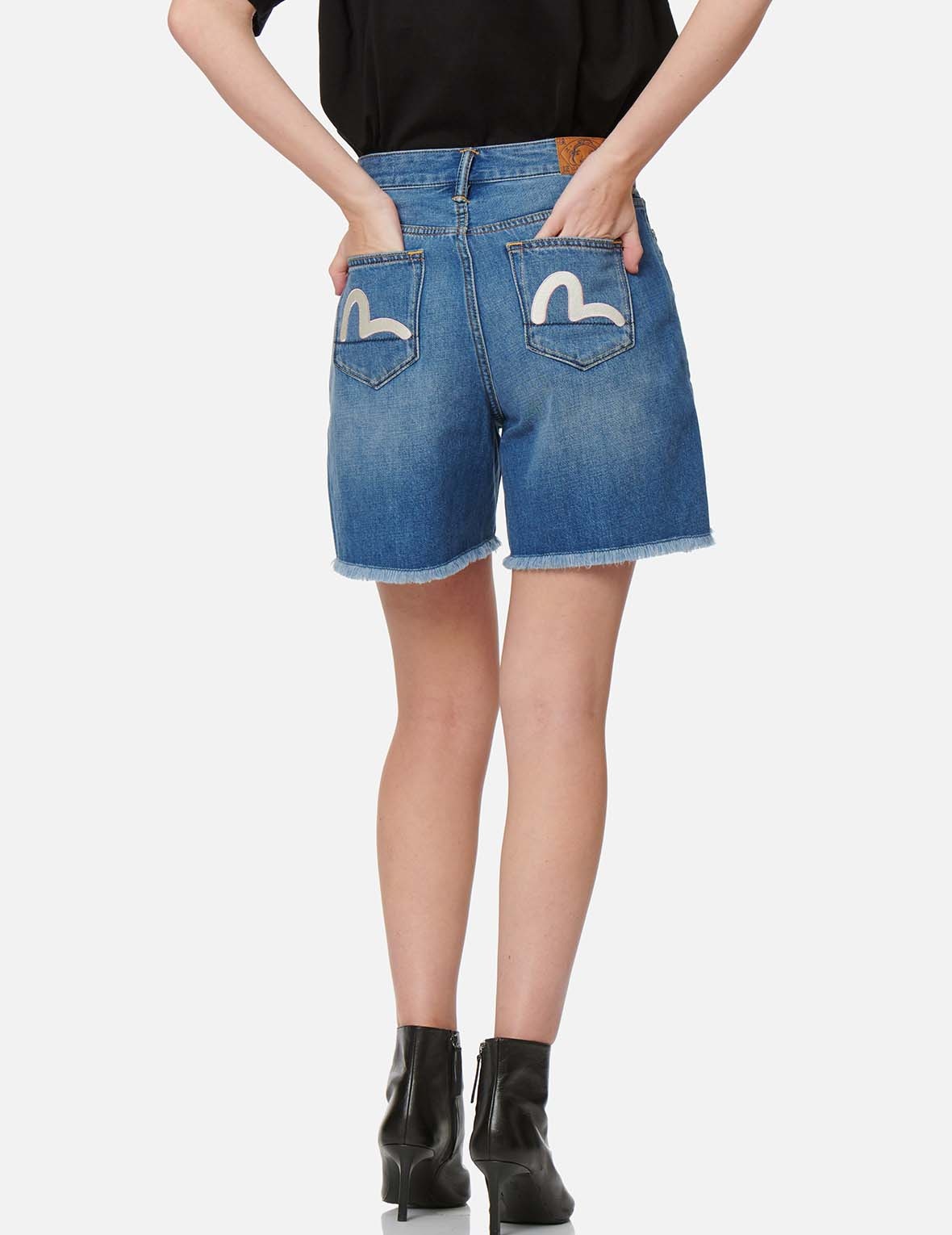 SEAGULL EMBROIDERY DISTRESSED DENIM SHORTS - 4