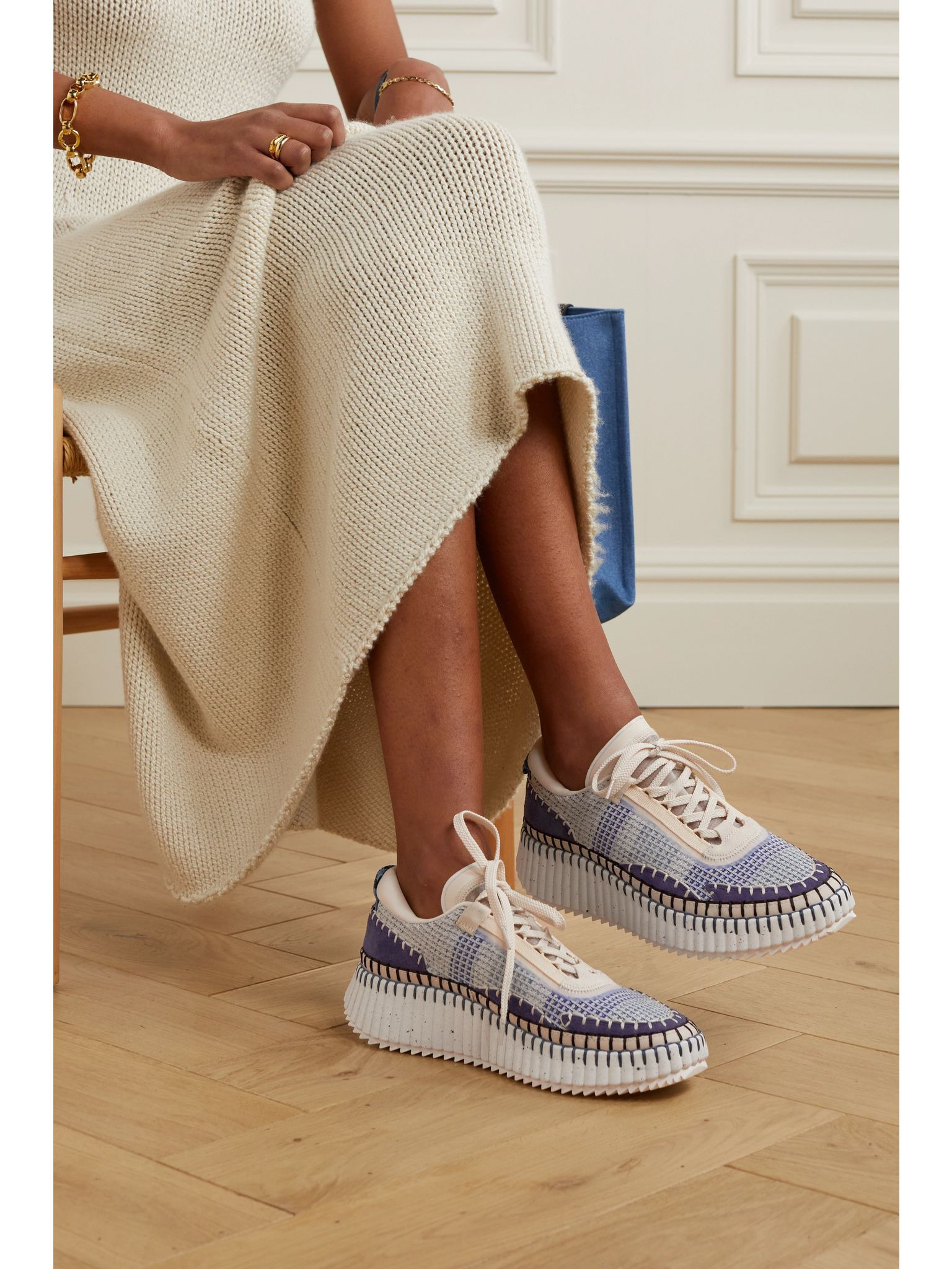 Nama embroidered suede and recycled-mesh sneakers Blue - 2