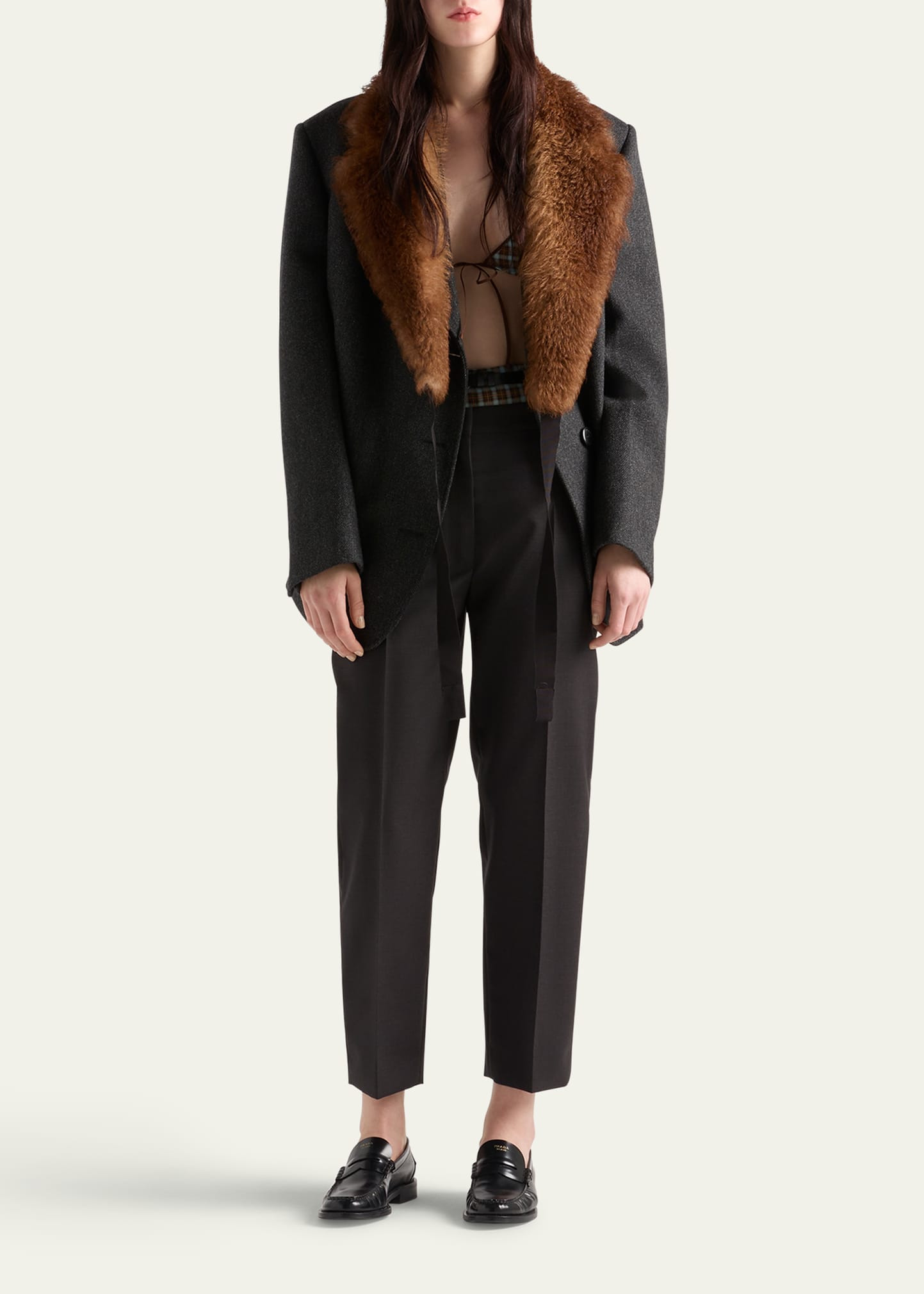 Cropped Wool Check Tailored Pants - 2