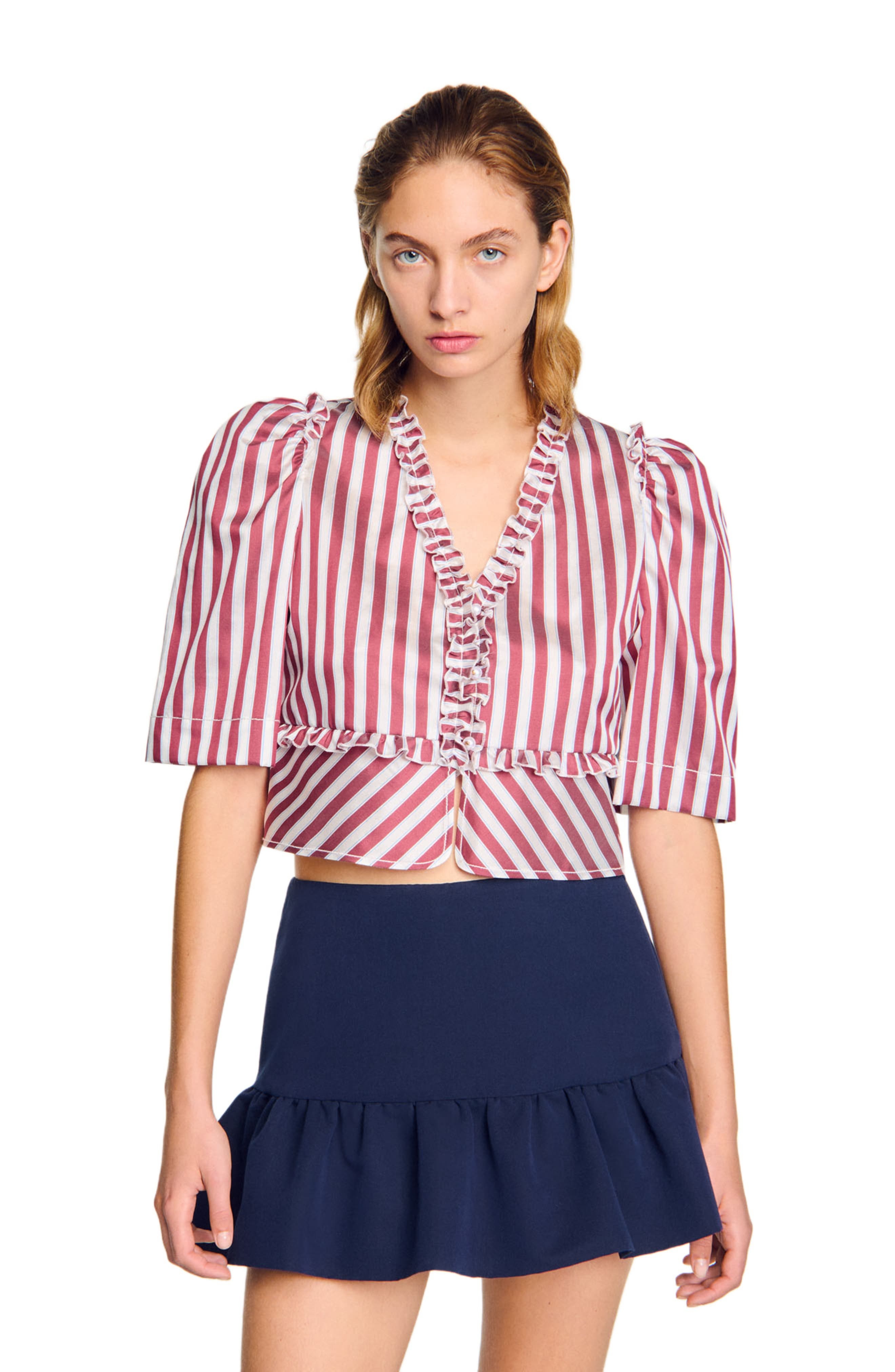 SANDRO Ruffled striped shirt in Burgundy /White at Nordstrom - 3
