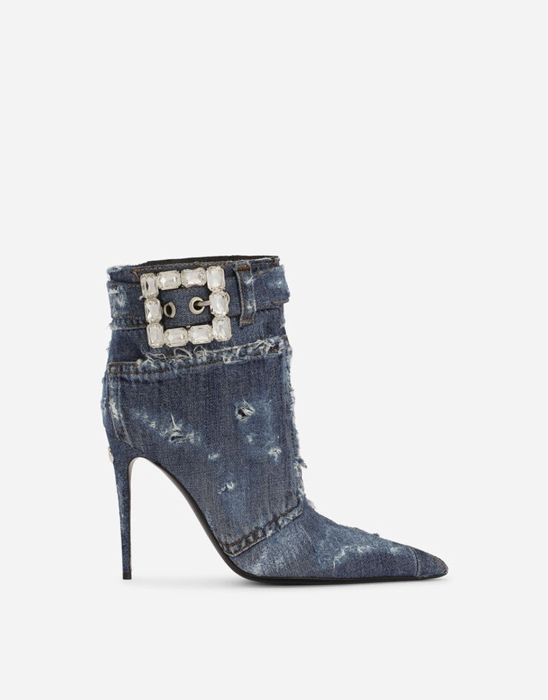 Patchwork denim ankle boots with rhinestone buckle 1