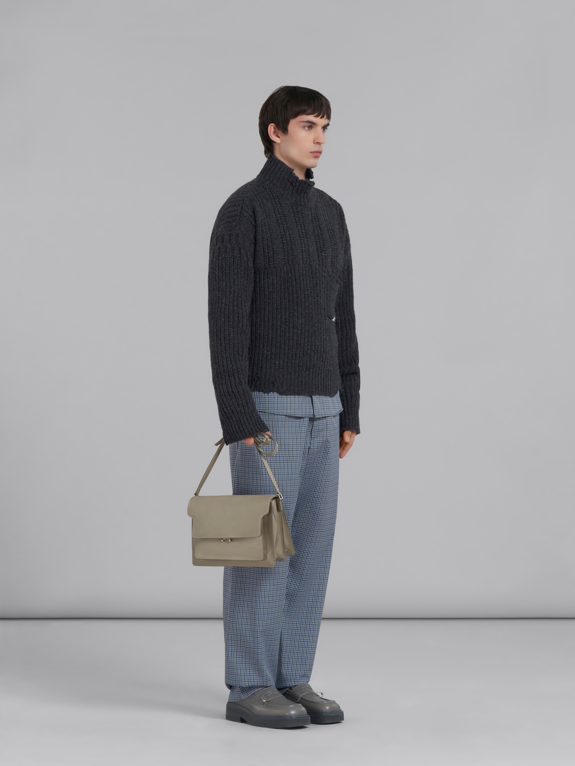 BLUE COMPACT WOOL TRACK PANTS WITH CHECKED MOTIF - 5
